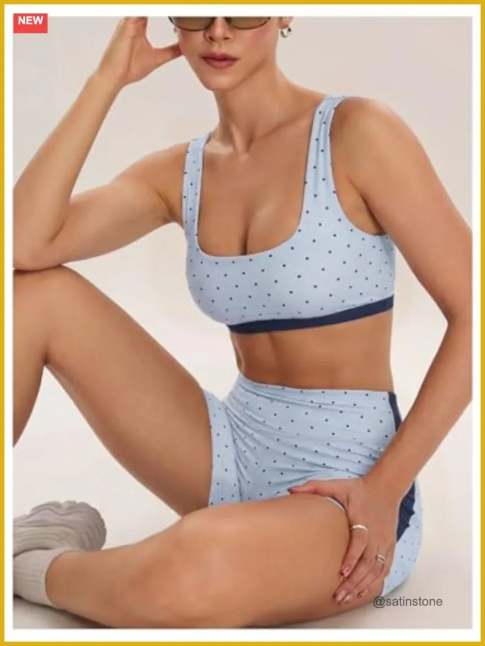 2 Piece Polka Dot Square Neck Sports Bra High Waisted Biker Shorts Workout Set